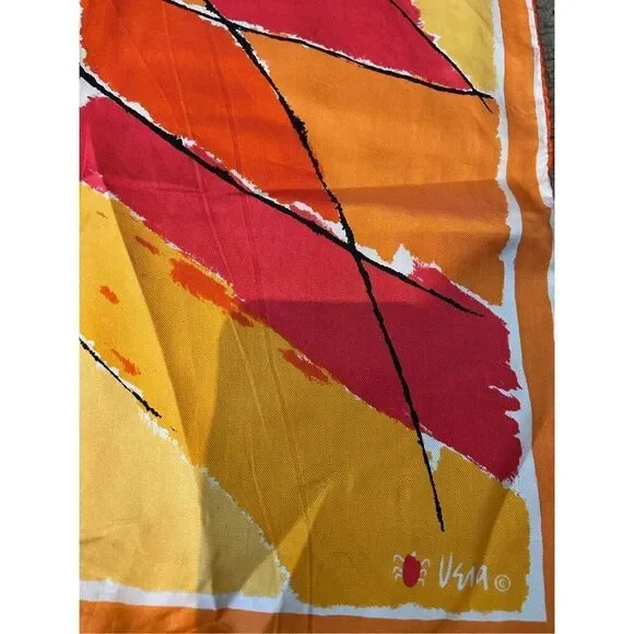 Vintage Vera Neumann Hand Rolled Silk Scarf orange Sun Sunflower Pattern - Picture 3 of 4